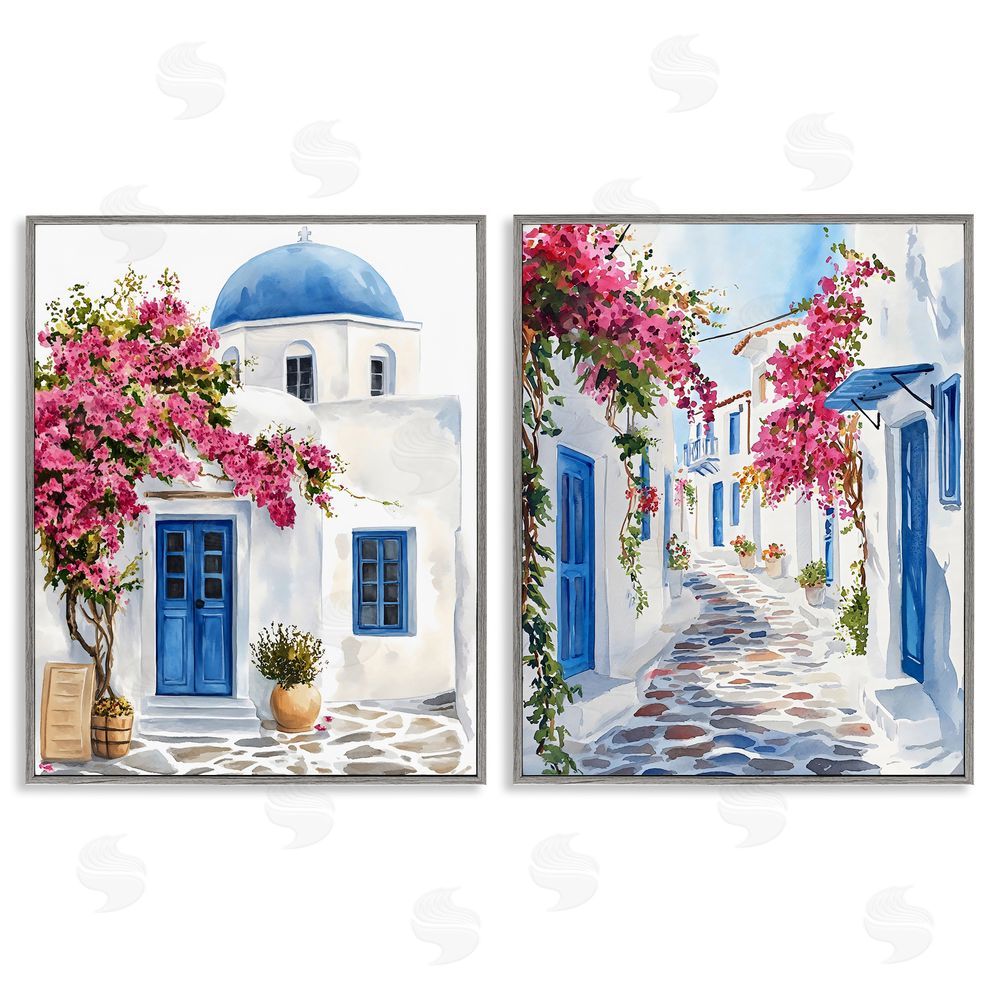 LSR Design Studio Santorini House with Pink Tree Gray Framed Giclee Wall Art