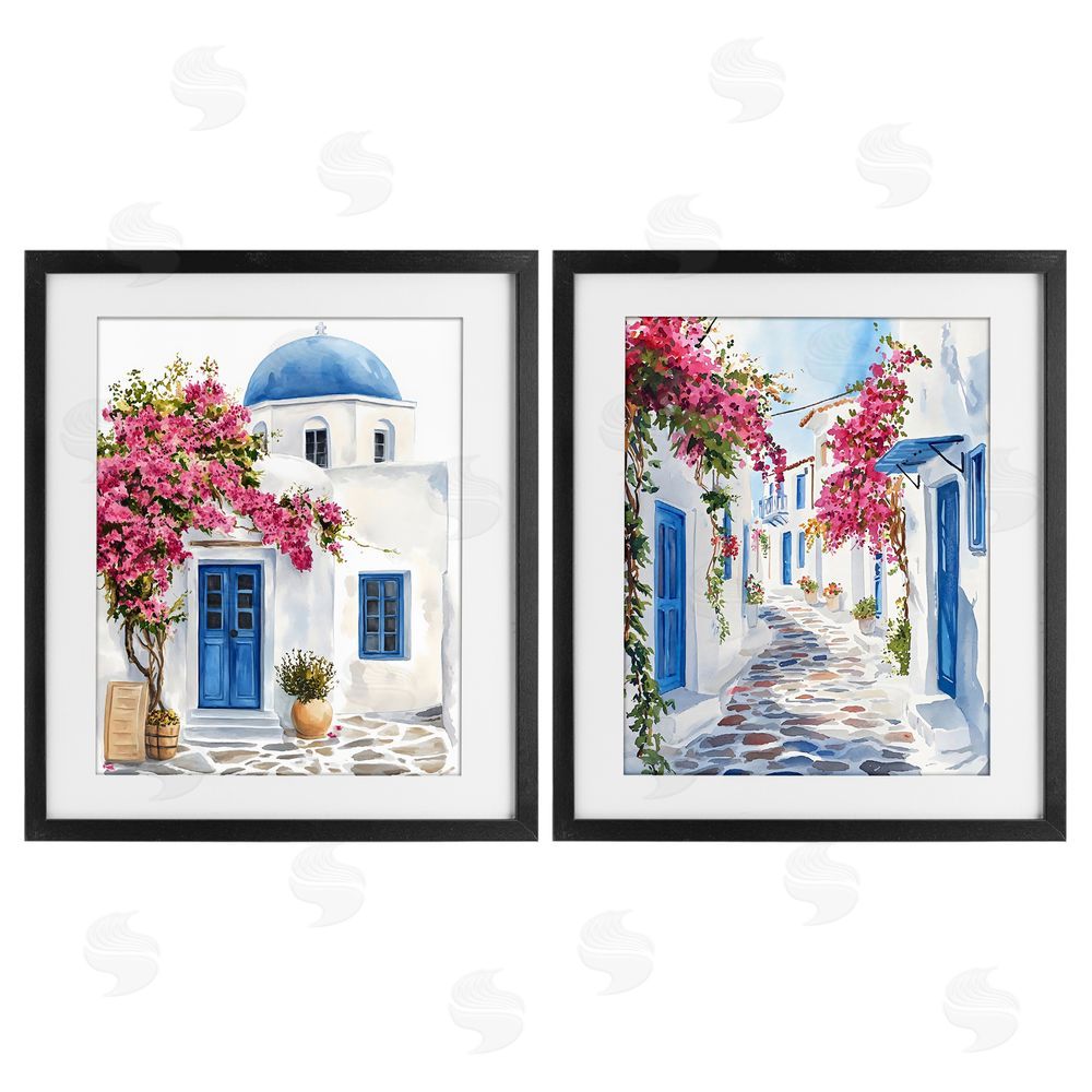 LSR Design Studio Santorini House with Pink Tree Black Framed Print Under Glass Wall Art