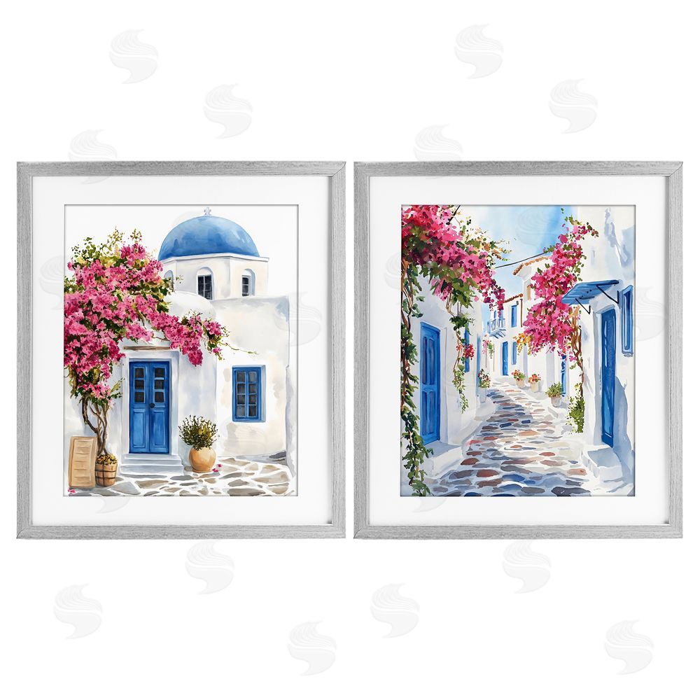 LSR Design Studio Santorini House with Pink Tree Gray Framed Print Under Glass Wall Art