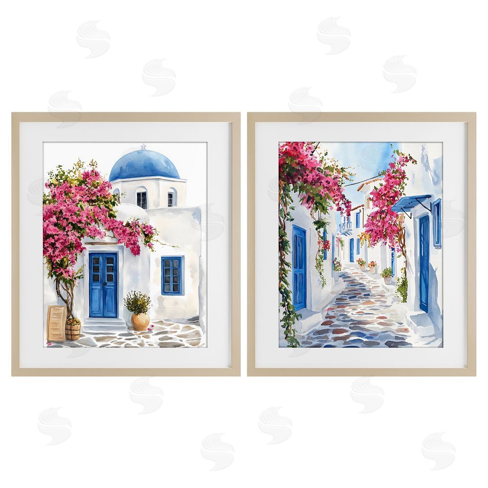 LSR Design Studio Santorini House with Pink Tree Brown Framed Print Under Glass Wall Art