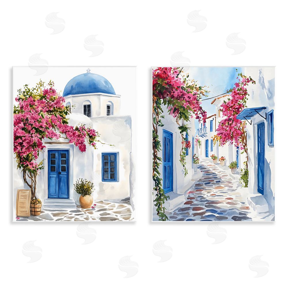LSR Design Studio Santorini House with Pink Tree Wall Plaque Home Decor Art Print