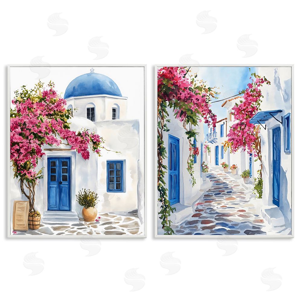 LSR Design Studio Santorini House with Pink Tree White Framed Giclee Wall Art