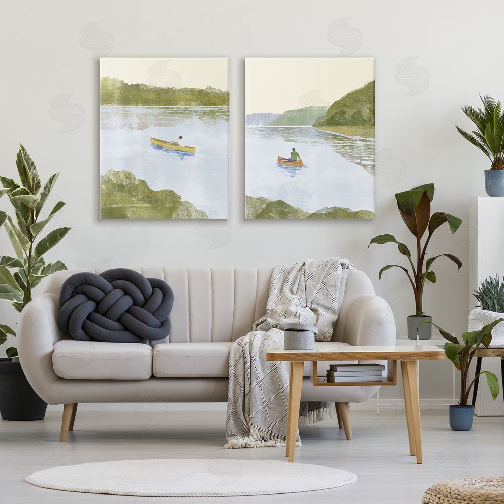 Victoria Barnes Canoeing Across Tranquil Waters Stretched Cavas Wall Art Set in Room