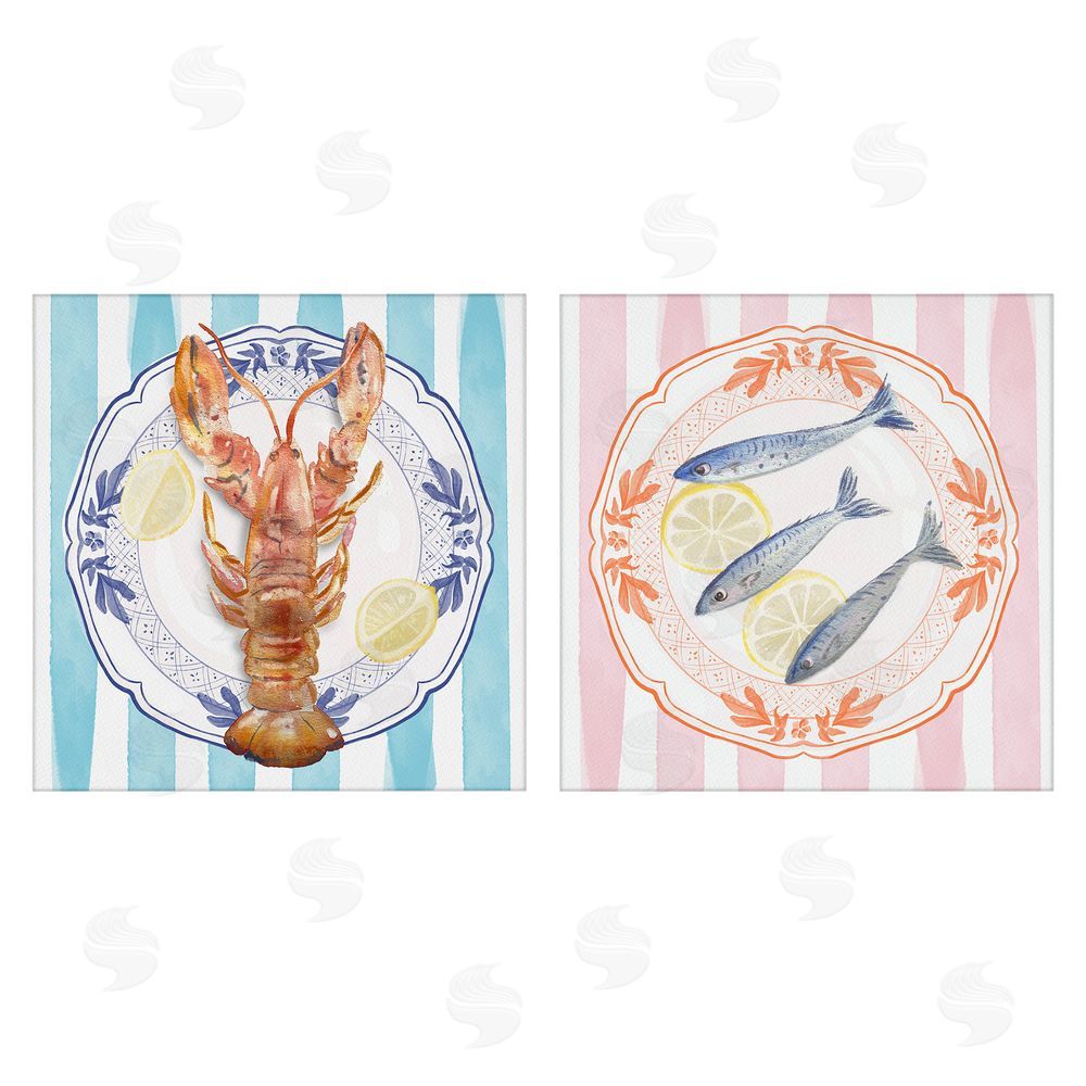 Christie Adams Lobster & Sardines Plates Stretched Canvas Wall Art Print