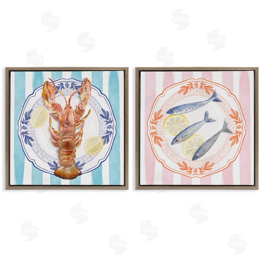 Christie Adams Lobster & Sardines Plates Brown Floating Frame Canvas Wall Art Print