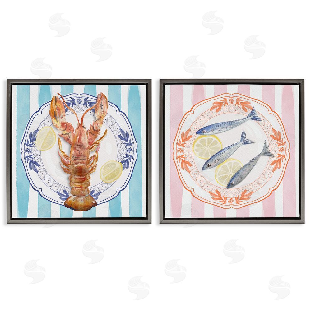 Christie Adams Lobster & Sardines Plates Gray Floating Frame Canvas Wall Art Print