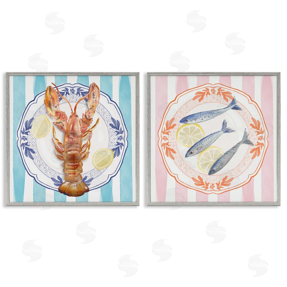 Christie Adams Lobster & Sardines Plates Gray Framed Giclee Wall Art Print