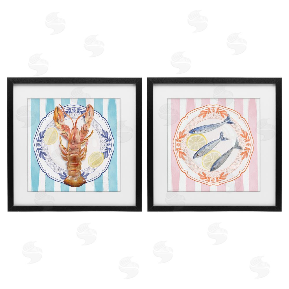 Christie Adams Lobster & Sardines Plates Black Framed Print Under Glass Wall Art