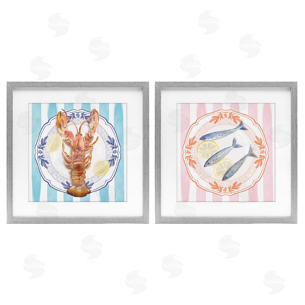 Christie Adams Lobster & Sardines Plates Gray Framed Print Under Glass Wall Art