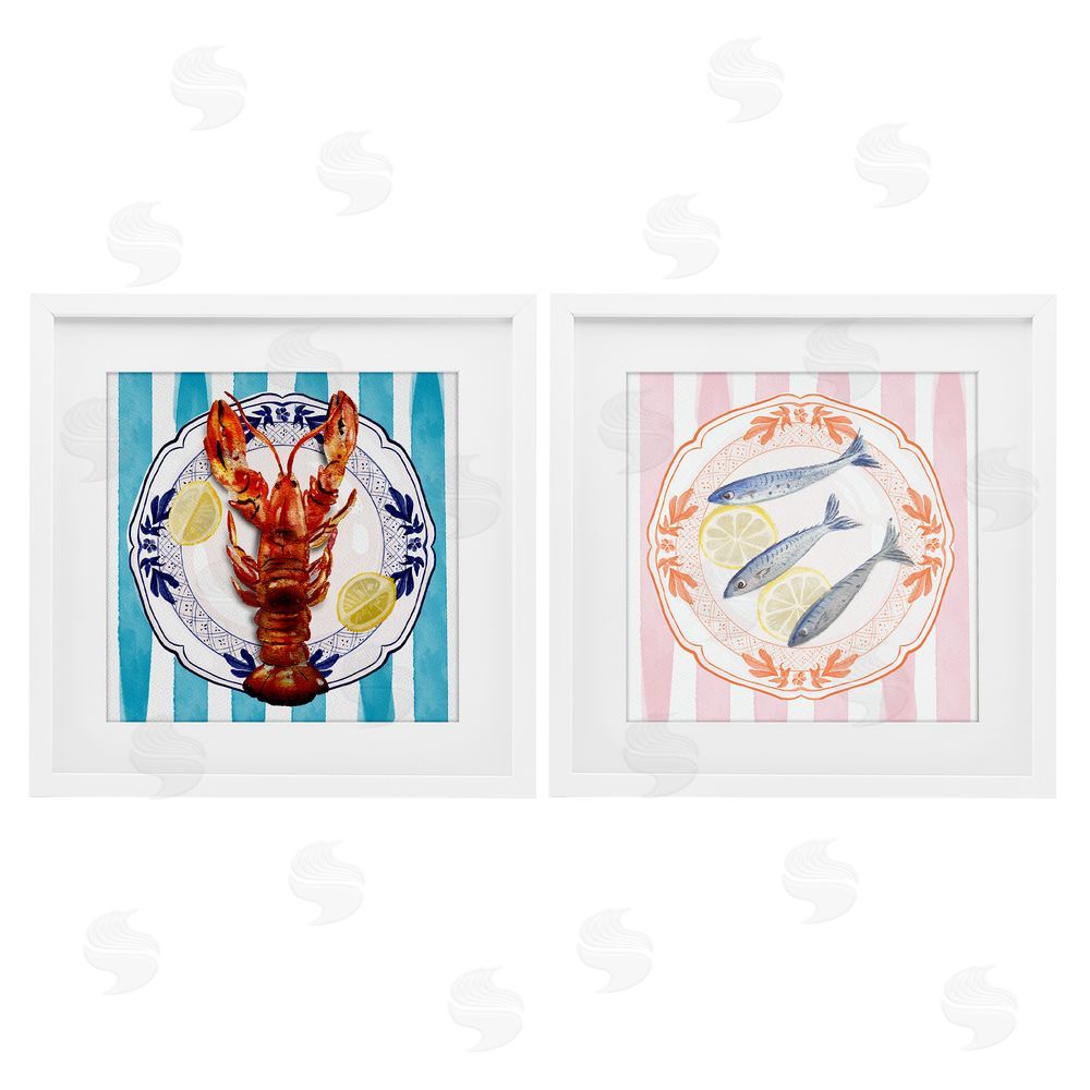 Christie Adams Lobster & Sardines Plates White Framed Print Under Glass Wall Art