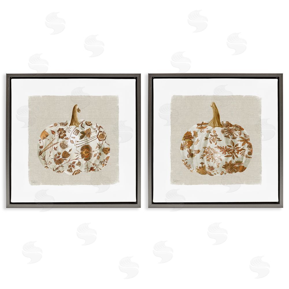 Livi Finn Vintage Patterned Pumpkins Gray Floating Frame Canvas Wall Art Print