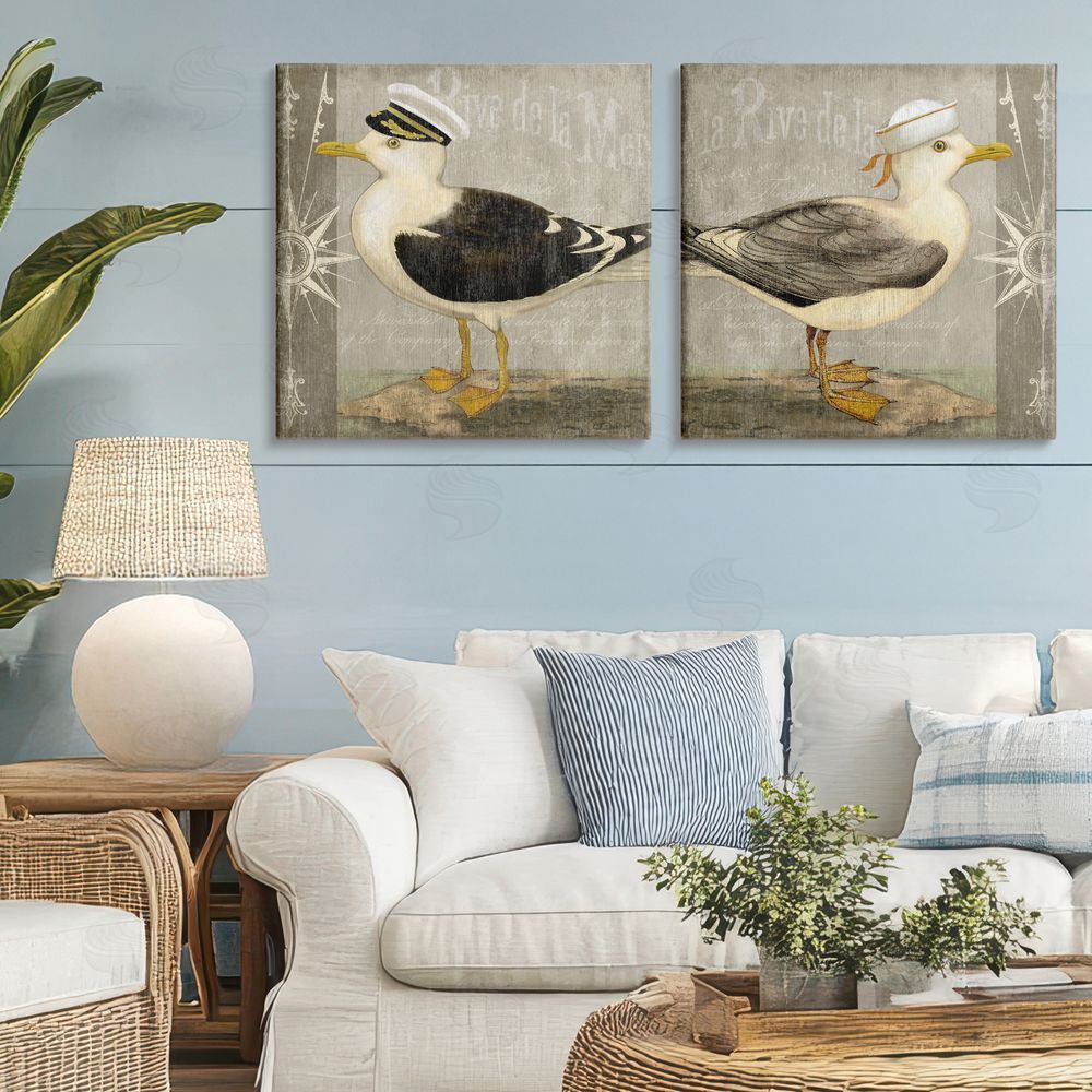 Suzanne Nicoll Little Seagulls with Hats Stretched Cavas Wall Art Set in Room