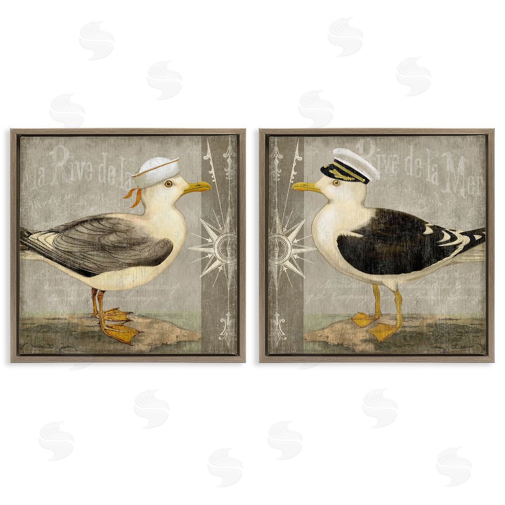 Suzanne Nicoll Little Seagulls with Hats Brown Floating Frame Canvas Wall Art Print