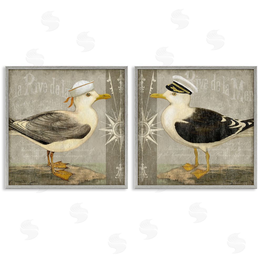Suzanne Nicoll Little Seagulls with Hats Gray Framed Giclee Wall Art Print