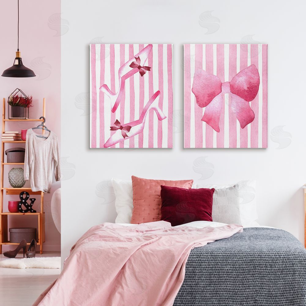 Camila Juncos Feminine Chic Bows Pink Stripes Stretched Canvas Wall Art in Room