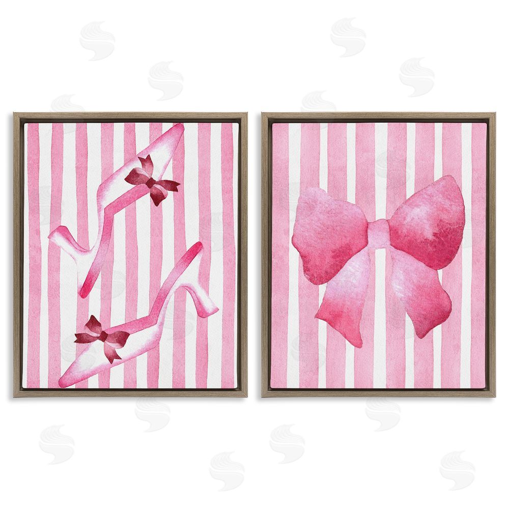 Camila Juncos Feminine Chic Bows Pink Stripes Brown Floating Frame Canvas Wall Art