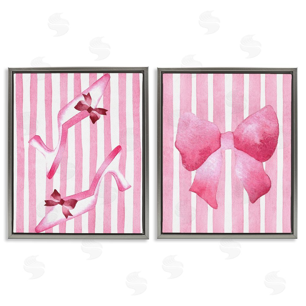 Camila Juncos Feminine Chic Bows Pink Stripes Gray Floating Frame Canvas Wall Art