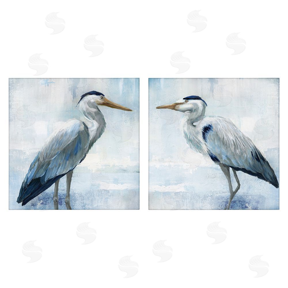 Nan Faded Blue Coastal Herons Stretched Canvas Wall Art Print