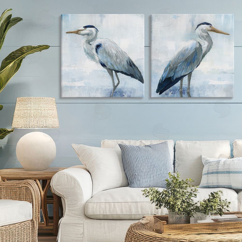 Nan Faded Blue Coastal Herons Stretched Cavas Wall Art Set in Room