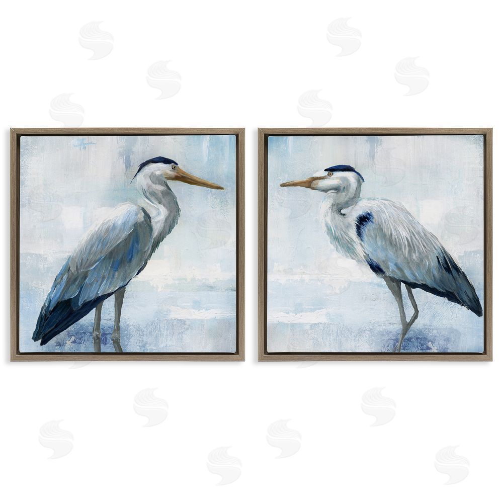 Nan Faded Blue Coastal Herons Brown Floating Frame Canvas Wall Art Print