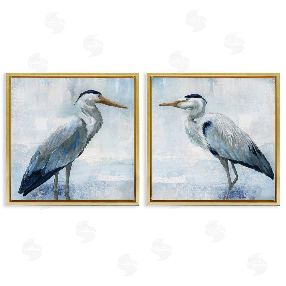 Nan Faded Blue Coastal Herons Gold Floating Frame Canvas Wall Art Print