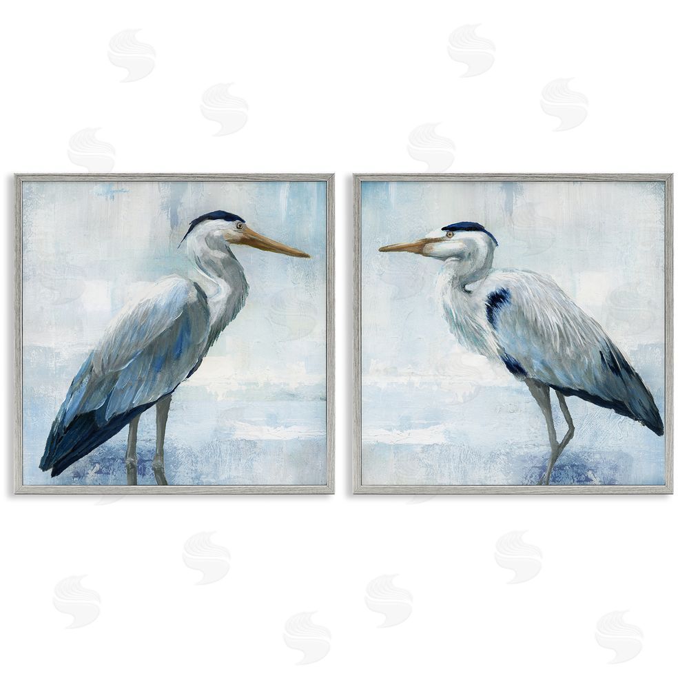 Nan Faded Blue Coastal Herons Gray Framed Giclee Wall Art Print