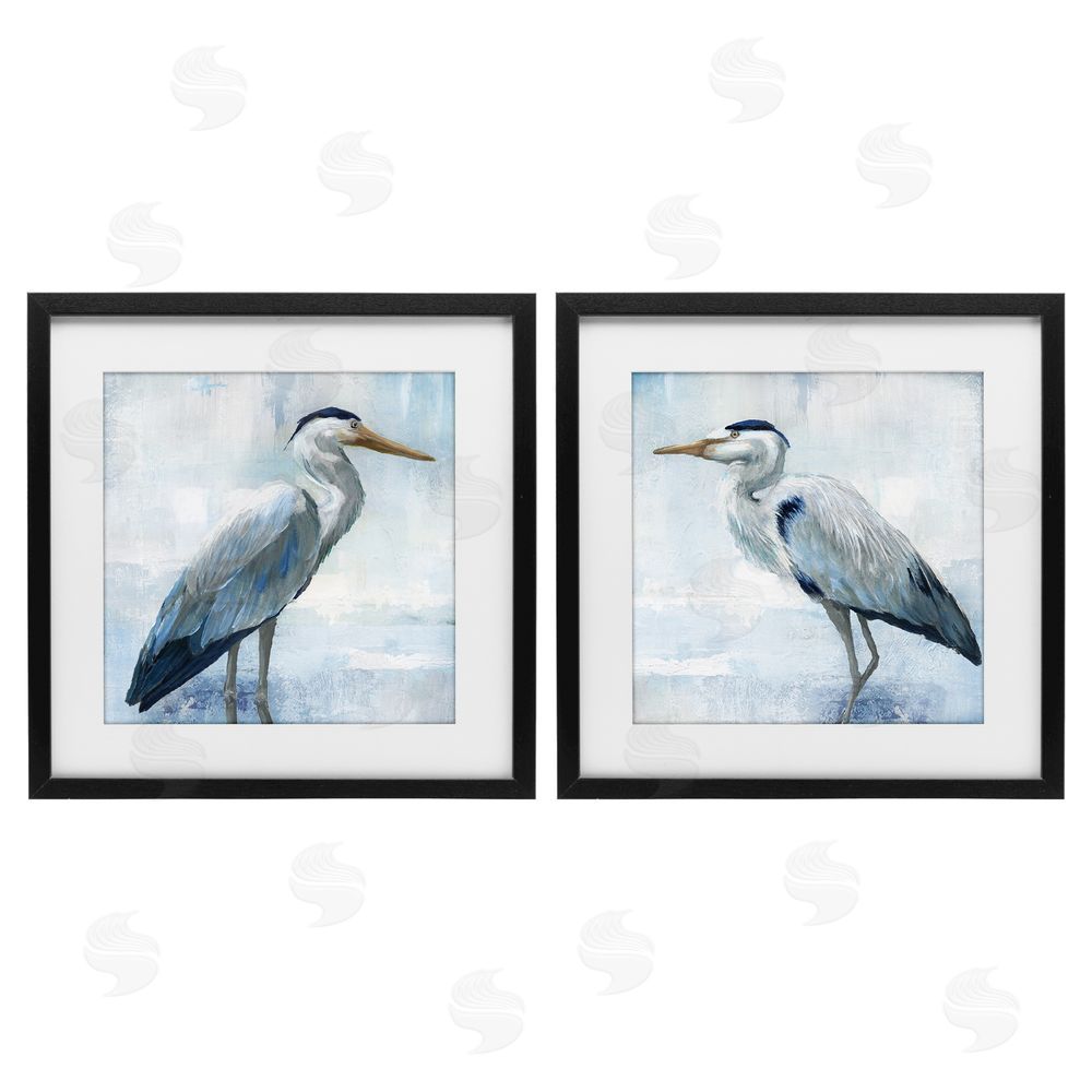 Nan Faded Blue Coastal Herons Black Framed Print Under Glass Wall Art