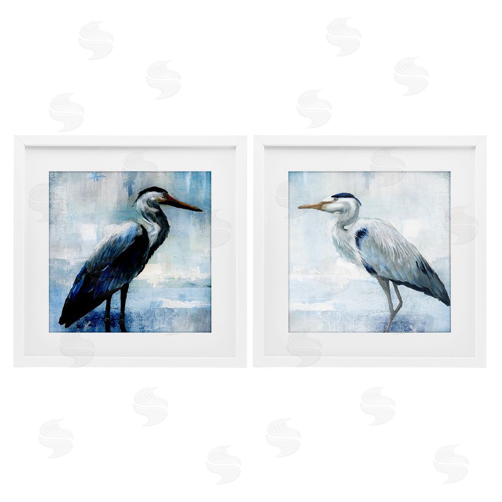 Nan Faded Blue Coastal Herons White Framed Print Under Glass Wall Art
