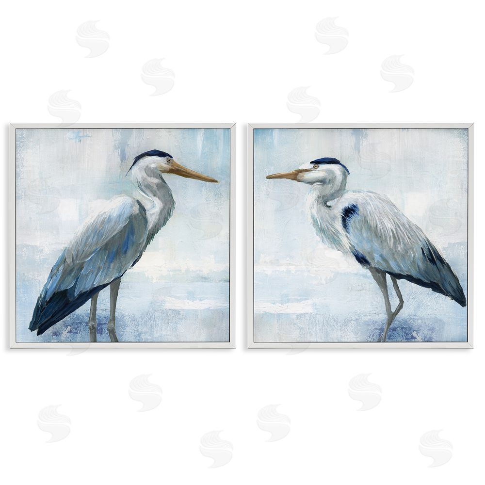Nan Faded Blue Coastal Herons White Framed Giclee Wall Art Print