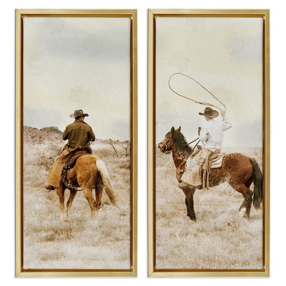 Marcus Prime Wrangling Cowboy Duo Gold Floating Frame Stretched Canvas Wall Art Print