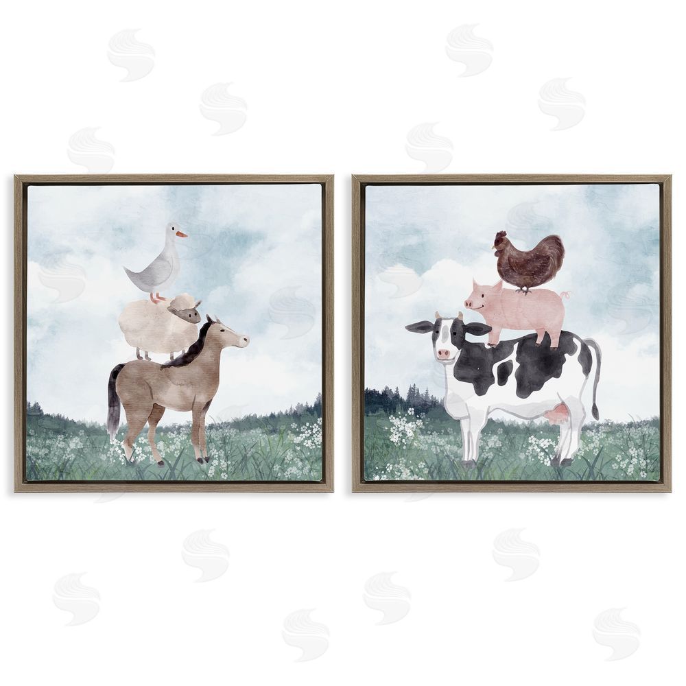 Kim Allen Stacked Animals Blue Sky Farm Brown Floating Framed Canvas Wall Art Print