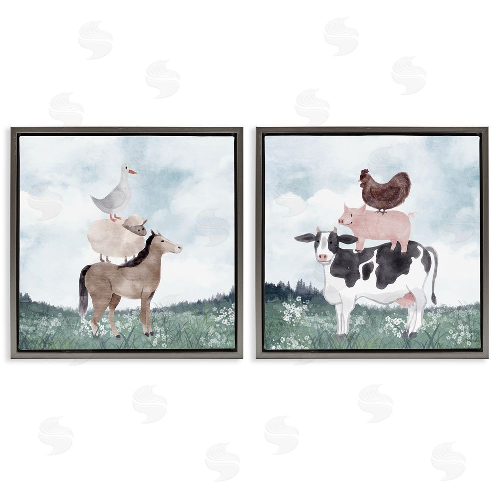Kim Allen Stacked Animals Blue Sky Farm Gray Floating Framed Canvas Wall Art Print