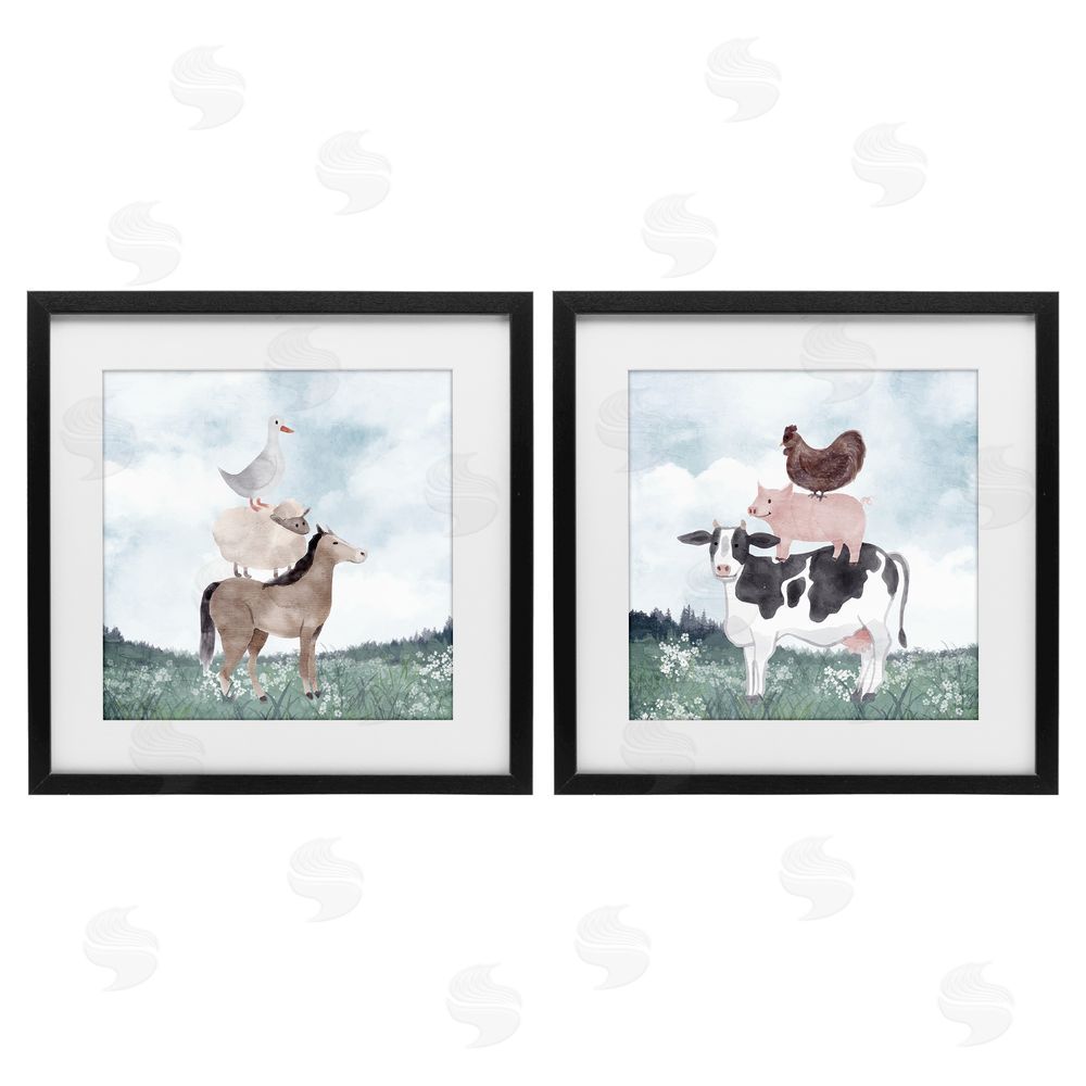Kim Allen Stacked Animals Blue Sky Farm Black Framed Print Under Glass with White Mat Wall Art