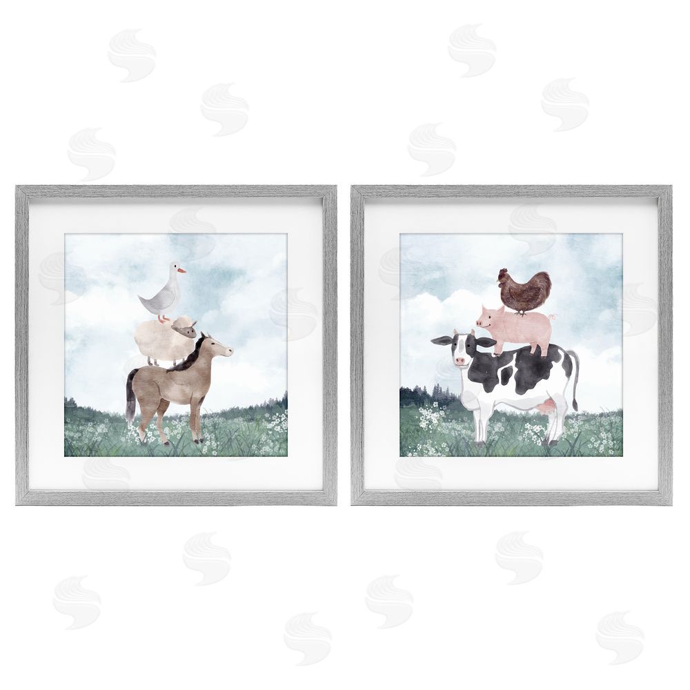 Kim Allen Stacked Animals Blue Sky Farm Gray Framed Print Under Glass with White Mat Wall Art