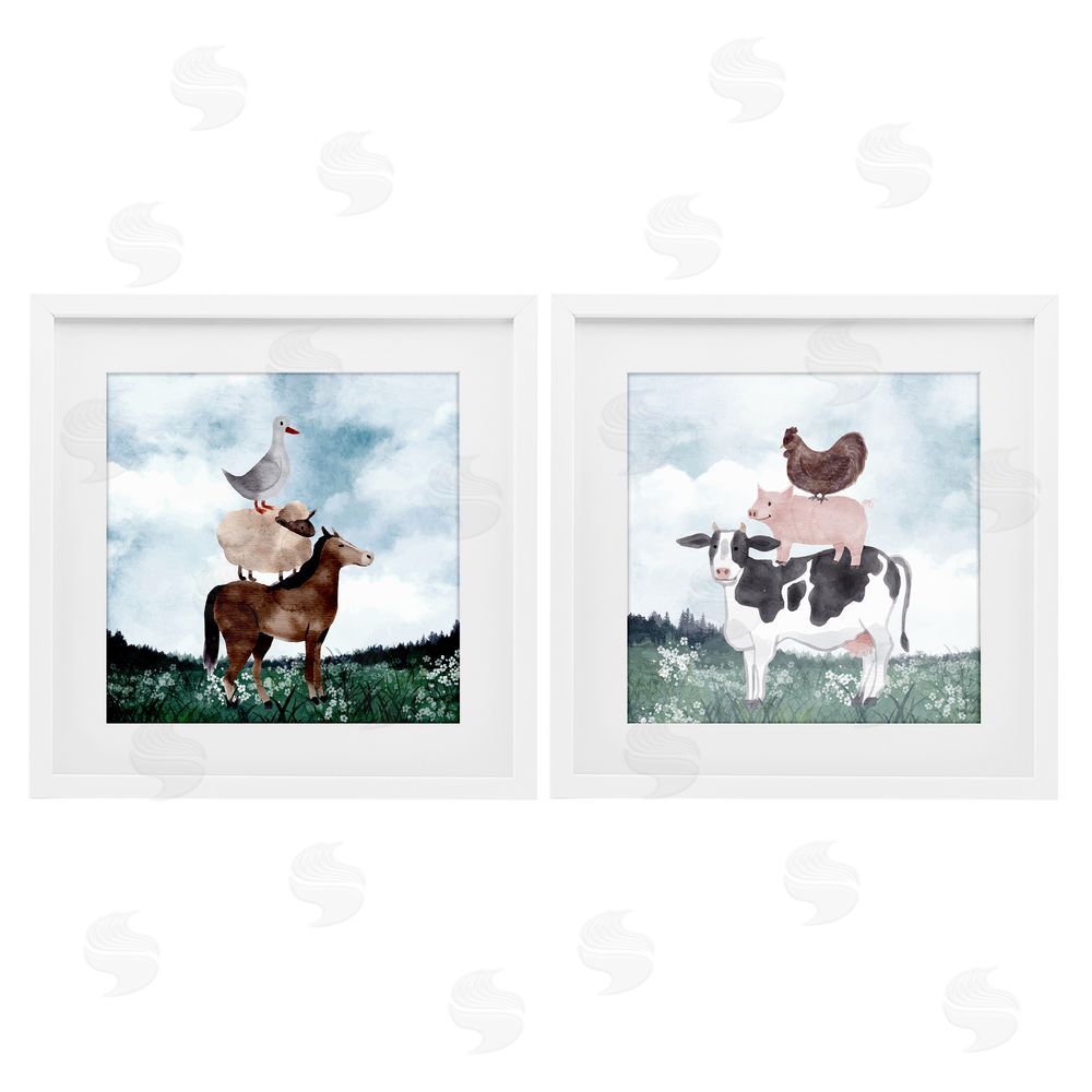 Kim Allen Stacked Animals Blue Sky Farm White Framed Print Under Glass with White Mat Wall Art