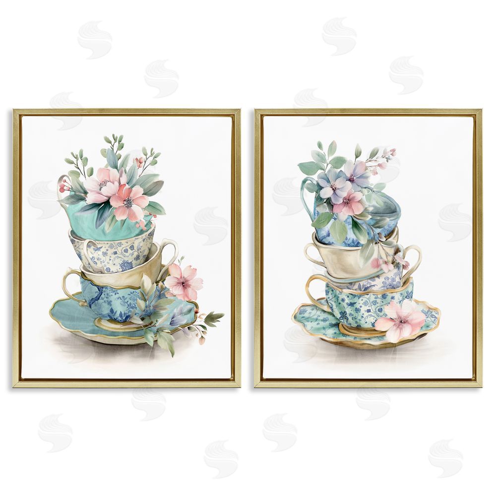 Kim Allen Stacked Teacup Chinoiserie Gold Floating Frame Canvas Wall Art Print