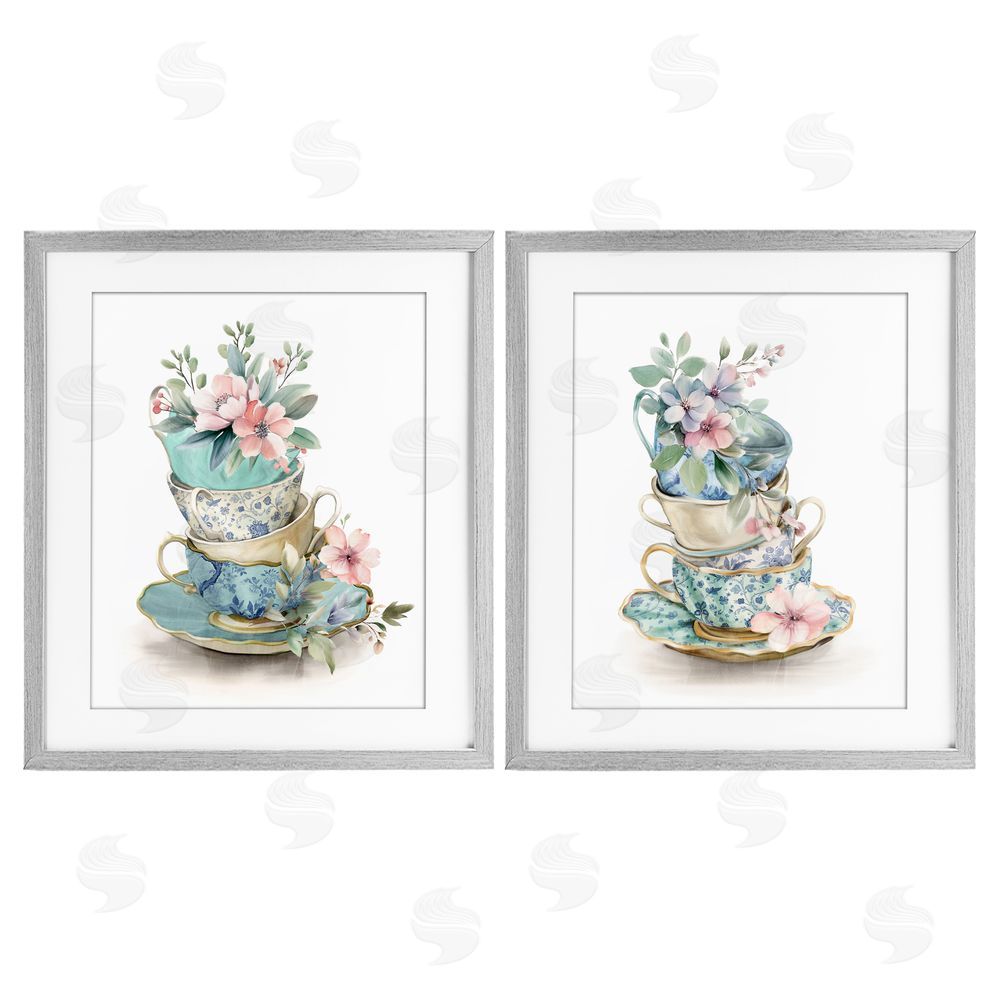 Kim Allen Stacked Teacup Chinoiserie Gray Framed Print Under Glass Wall Art