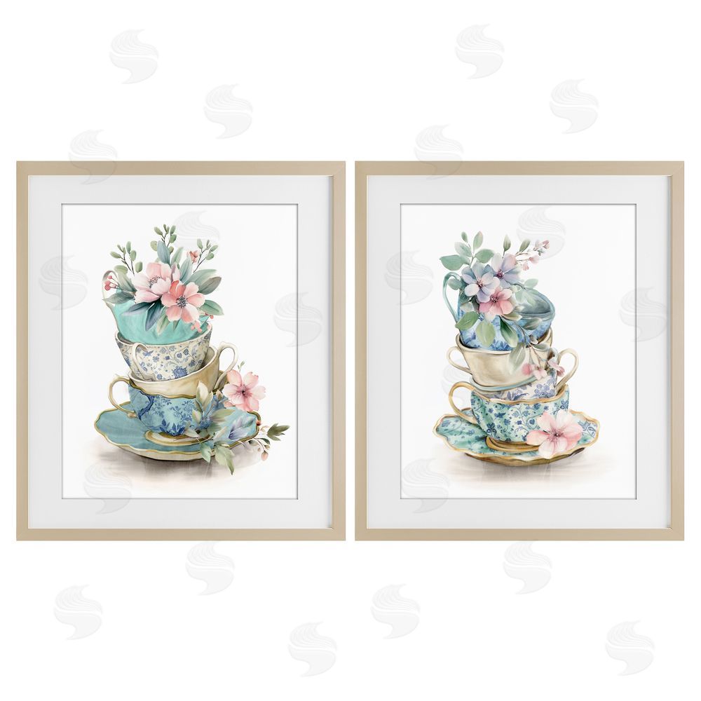 Kim Allen Stacked Teacup Chinoiserie Brown Framed Print Under Glass Wall Art