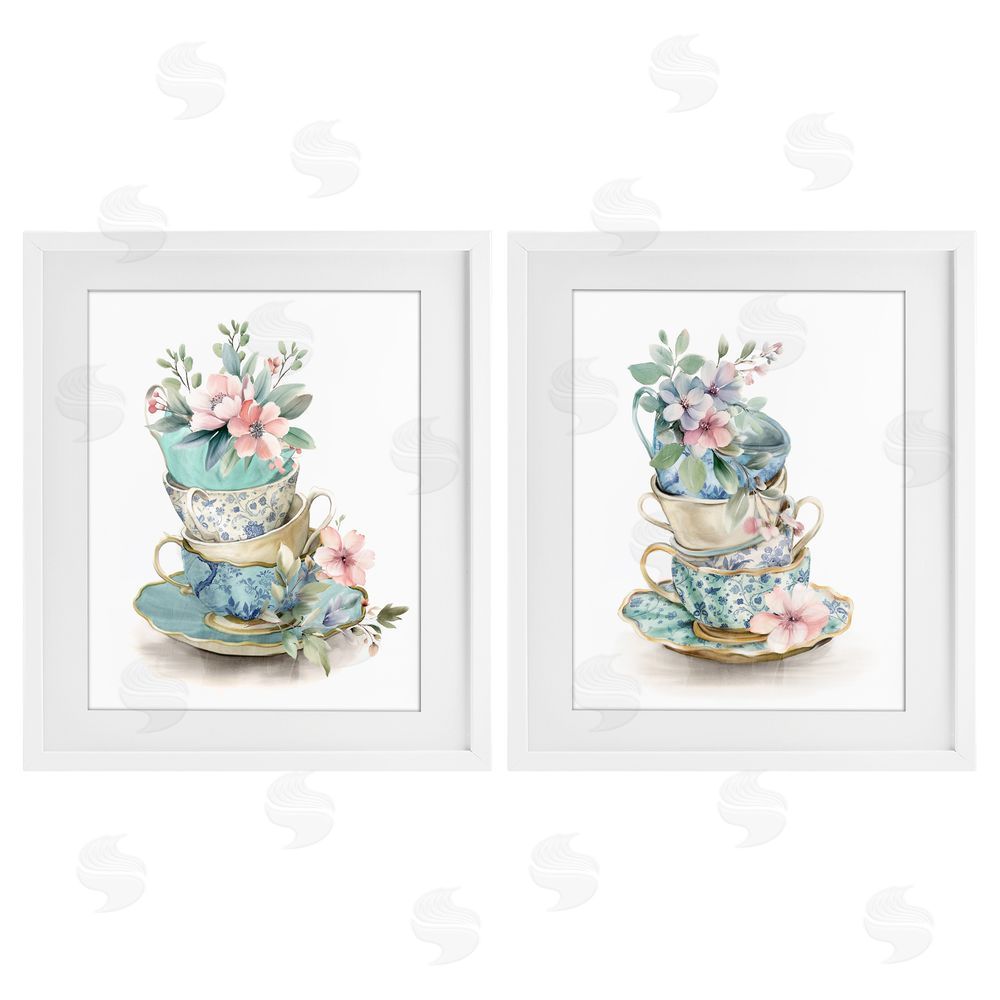 Kim Allen Stacked Teacup Chinoiserie White Framed Print Under Glass Wall Art