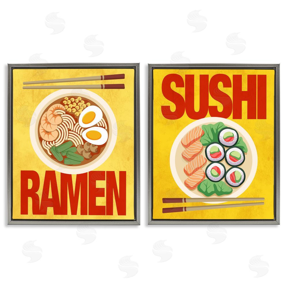 A.D. Lines Ramen & Sushi Japanese Cuisine Gray Floating Frame Canvas Wall Art Print