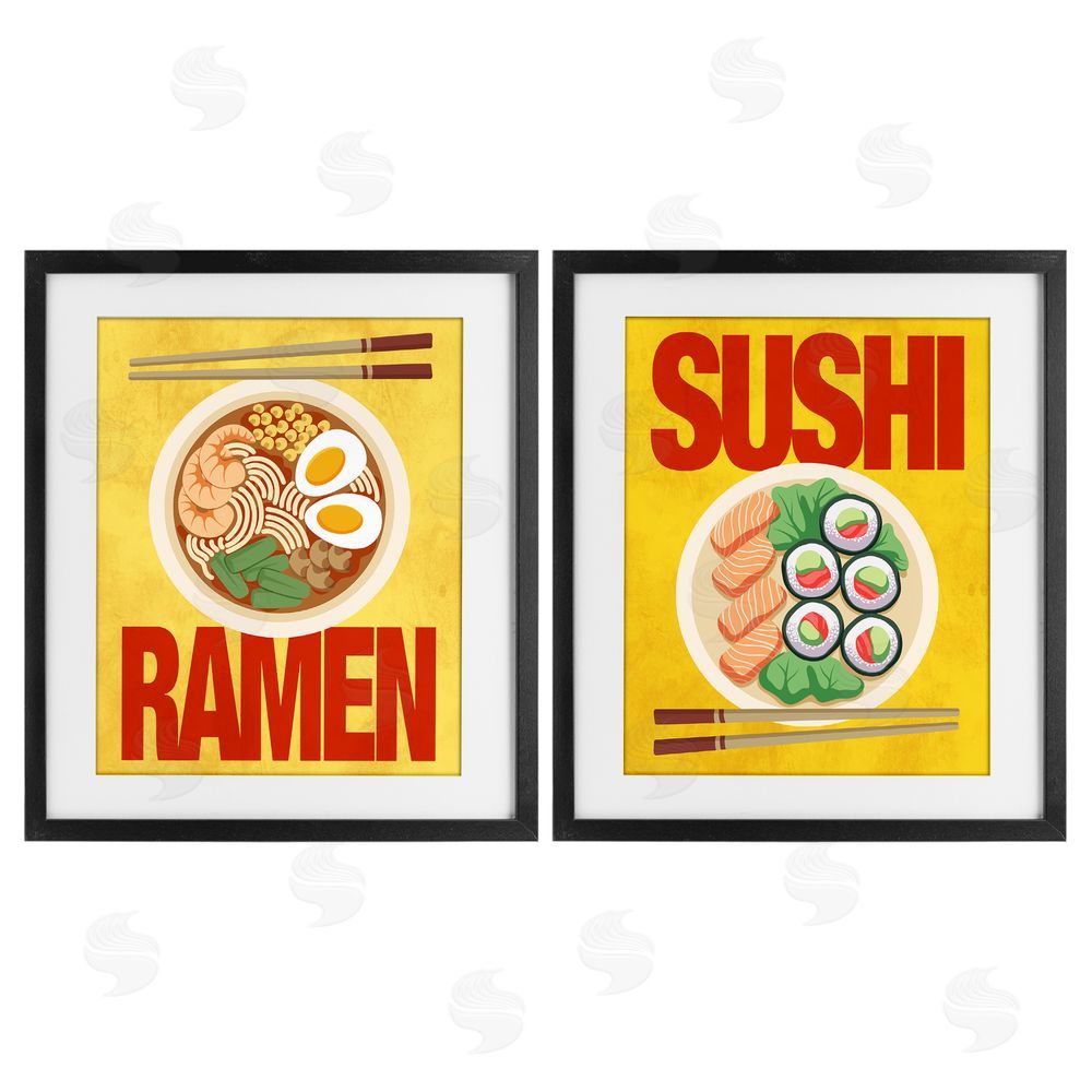 A.D. Lines Ramen & Sushi Japanese Cuisine Black Framed Print Under Glass Wall Art