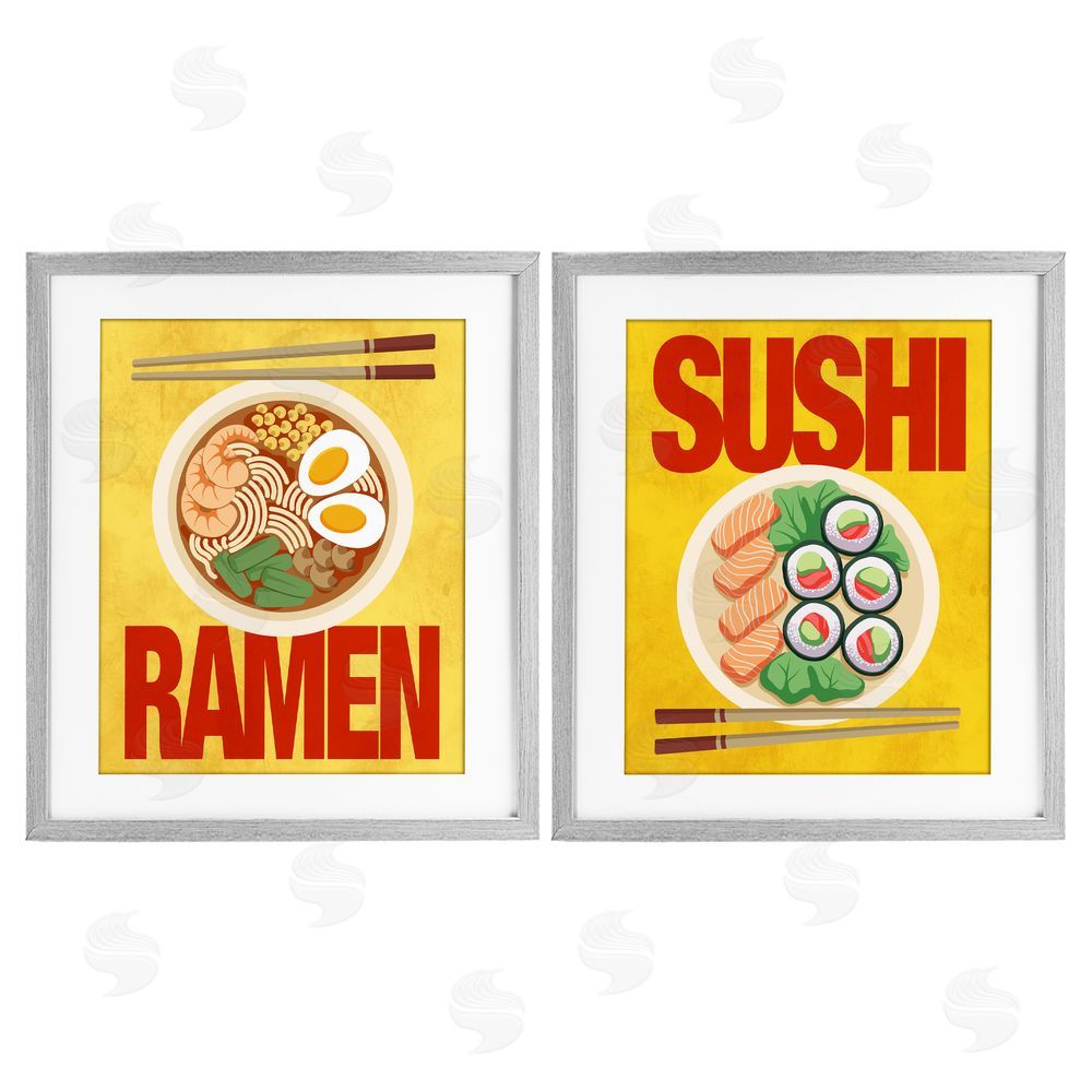 A.D. Lines Ramen & Sushi Japanese Cuisine Gray Framed Print Under Glass Wall Art