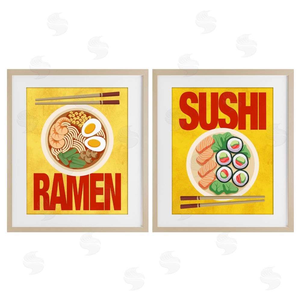 A.D. Lines Ramen & Sushi Japanese Cuisine Birch Framed Print Under Glass Wall Art