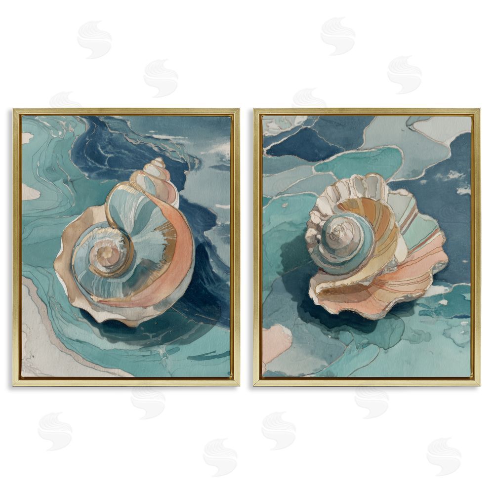 Paula Freeman Coastal Seashell Spiral on Teal Gold Floating Frame Canvas Wall Art Print
