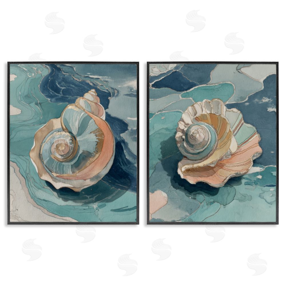 Paula Freeman Coastal Seashell Spiral on Teal Black Framed Giclee Wall Art Print
