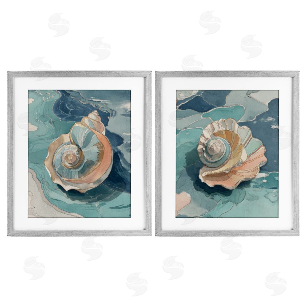 Paula Freeman Coastal Seashell Spiral on Teal Gray Framed Print Under Glass Wall Art