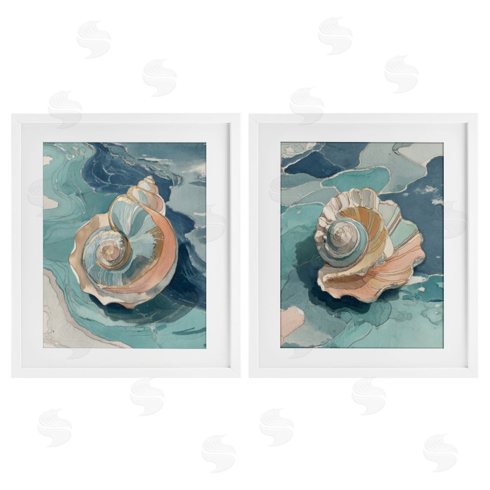 Paula Freeman Coastal Seashell Spiral on Teal White Framed Print Under Glass Wall Art