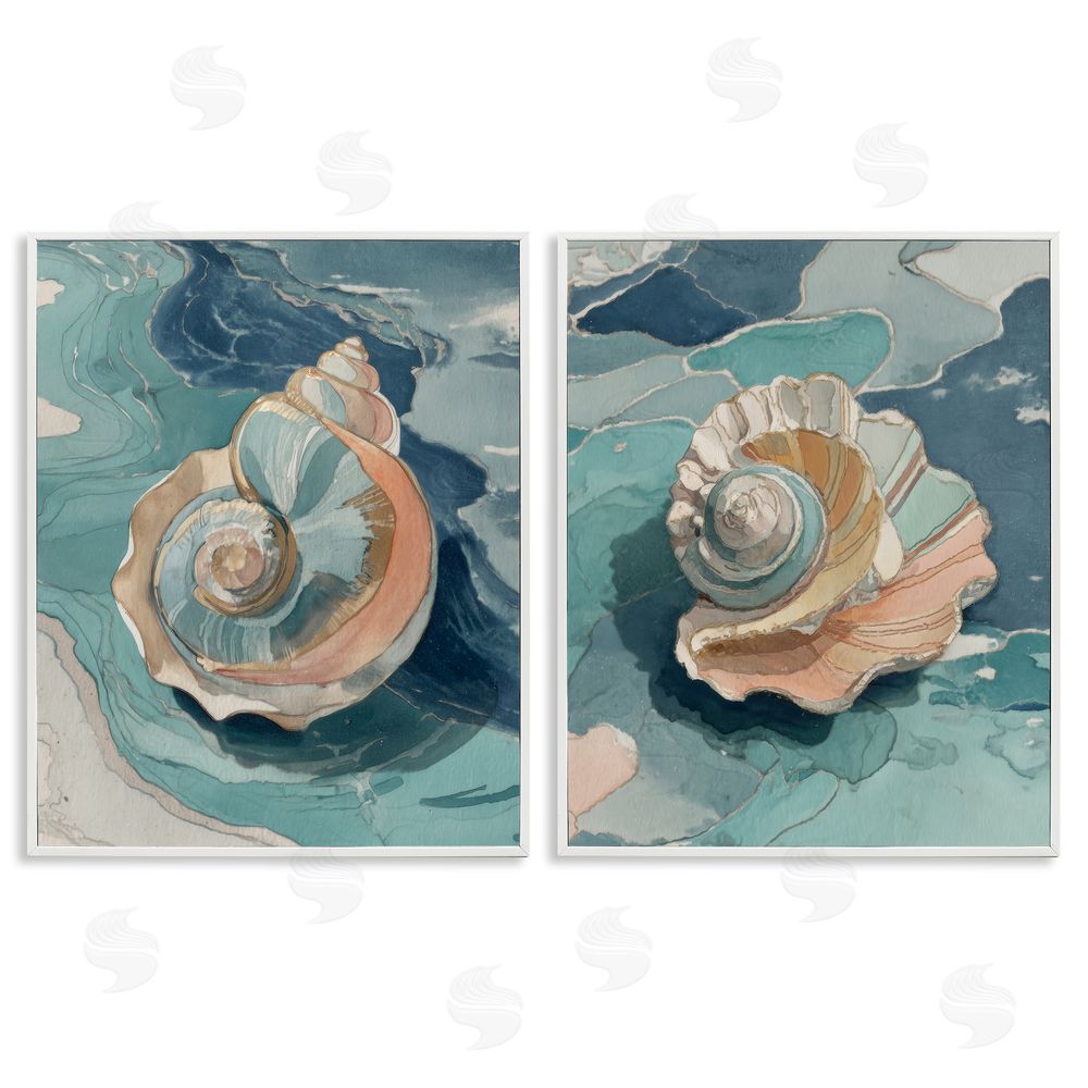 Paula Freeman Coastal Seashell Spiral on Teal White Framed Giclee Wall Art Print