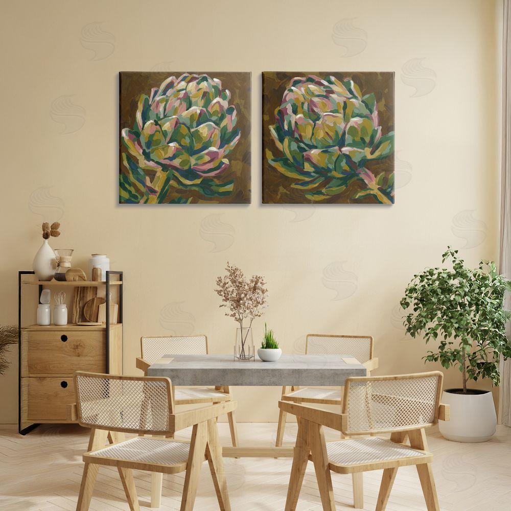 June Erica Vess Botanical Artichoke Study Stretched Cavas Wall Art Set in Room