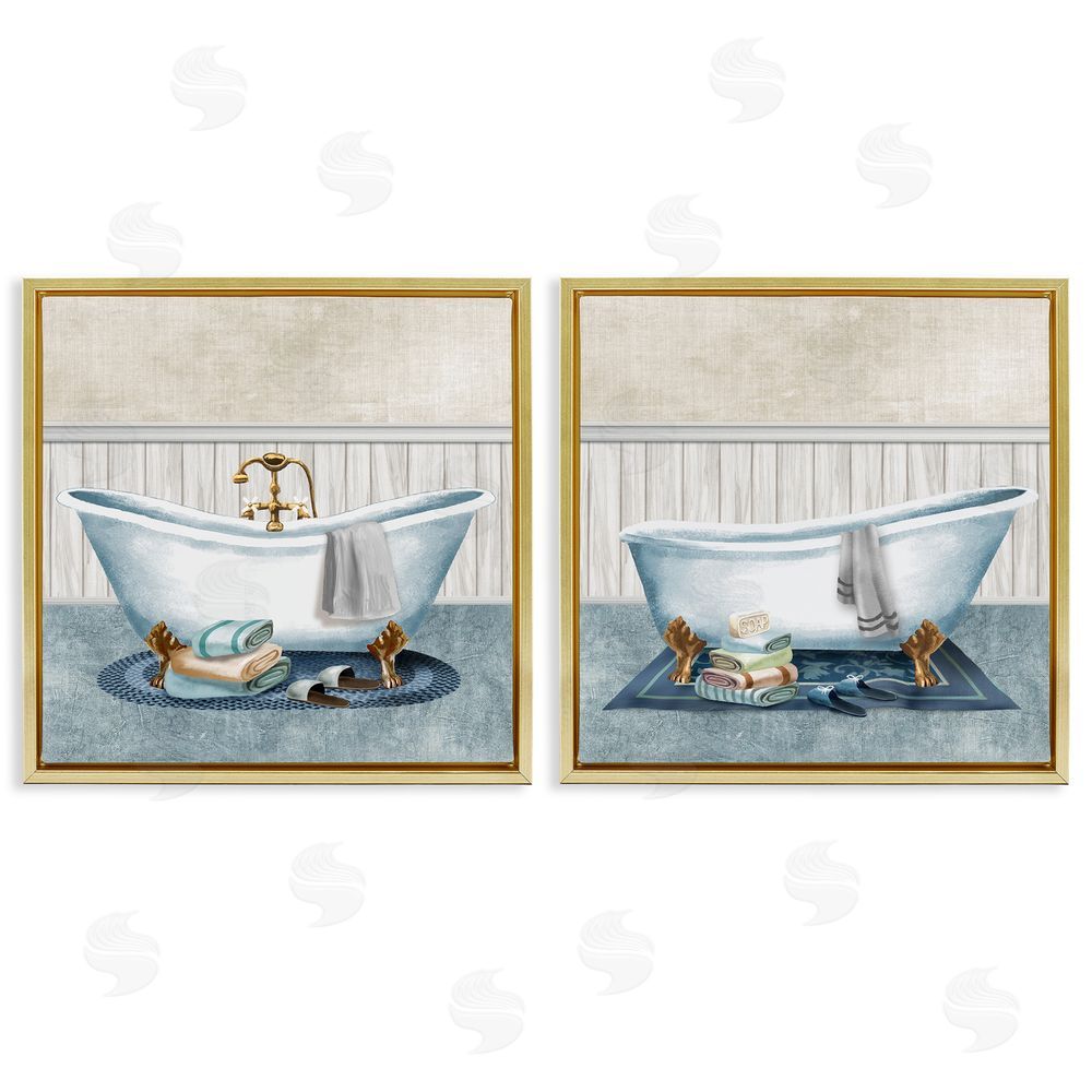 Conrad Knutsen Cozy Bathtub & Slippers Gold Floating Frame Canvas Wall Art Print